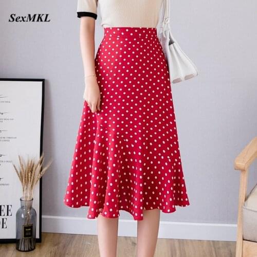 Polka Dot Printed Long Skirts Womens 2020 Summer Chiffon High Waist Black Skirt Korean Fashion Clothes Office Red Skirt Jupe