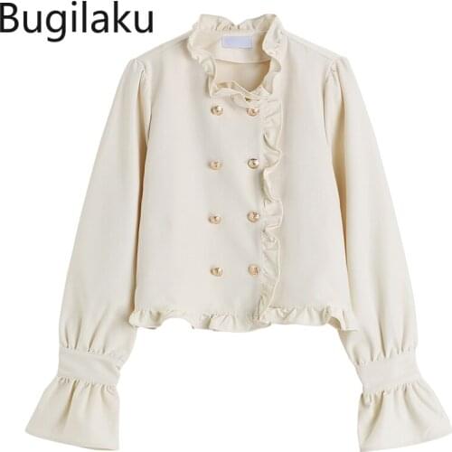 Bugilaku Double Breasted Vintage Shirts Womeen Solid Color Long Sleeve Chic Blouse New Arrival Fungus Edge Korean Fashion Tops