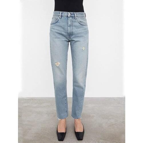 Women Jeans Pants 2021 Autumn and Winter Washed Light-colored Retro Ripped Twisted Straight-leg Jeans 100% Cotton