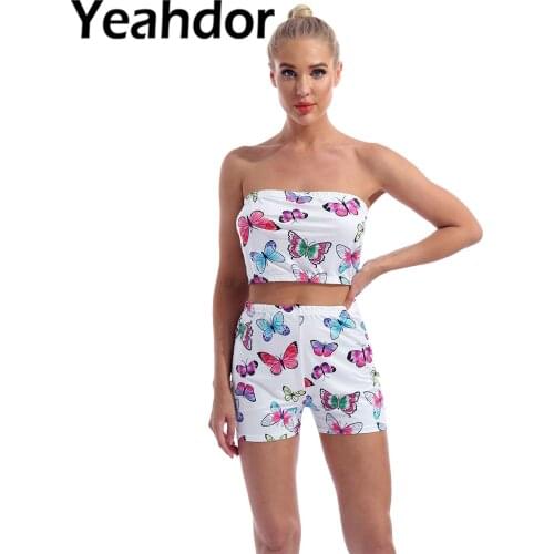 Women Summer Fashion Outfit Butterfly Print Sleeveless Tube Crop Top High Waist Elastic Waist Shorts Set Female Sexy Streetwear