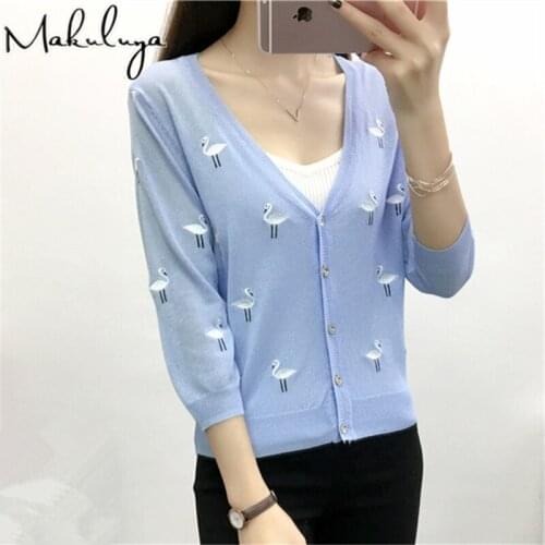 Makuluya Autumn Spring Women Sweater Swan Embroidery Pattern All-match ladyJacket Coats 1/2 Sleeve Short Knitting Cardigan LW