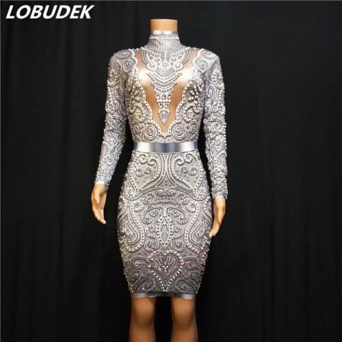 New Women Gray Pearls Rhinestones Wrapped Buttock Short Dress Singer Host Stage Dance Costume Nightclub Party Sexy Elastic Dress