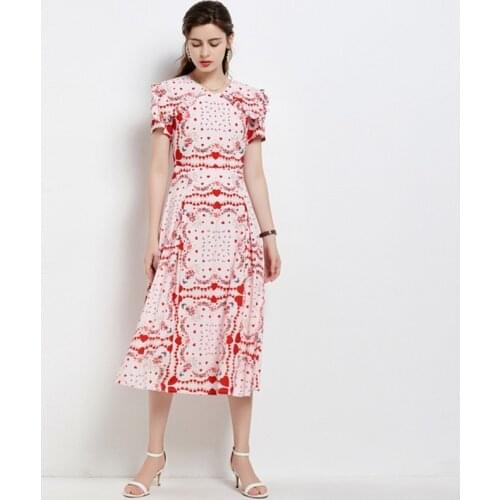 Summer Runway French Peter Pan Collar Women Short Sleeve Pink Print Dress Hight Waist Female Celebrity Pleated Slim Midi Dresses