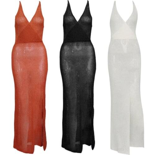 Women Summer Sleeveless Swimsuit Bikini Cover Up Crochet Knit Sheer Mesh Beach Dress Sexy Backless Split Maxi Swimwear