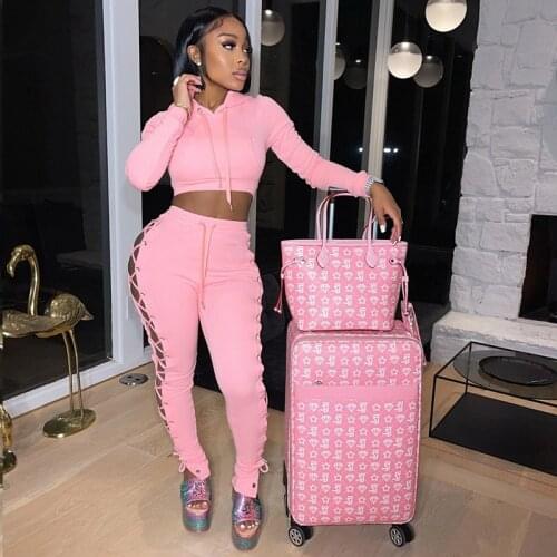 Winter Two Piece Set Women Solid Bandage Sexy Long-sleeve Hooded Sweater Crop Top+Pants Sets Club Outfits Streetwear Wholesale