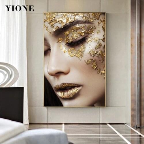 Gold Woman Face Wall Art Painting on Canvas Custom Modern Vogue Figure Decoration Picture for Living Room Bedroom Poster Prints