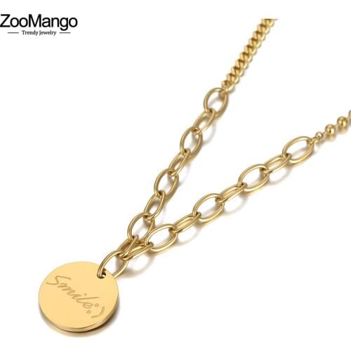 ZooMango 14K Gold Smile Tag Charm Pendant Necklace For Women Gilrs Trendy Stainless Steel Bohemia Party Chain Necklace ZN20148
