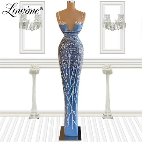 Shiny Fabric Beaded Mermaid Long Prom Dresses Cocktail Dresses Evening Wear Blue Crystals Party Gowns Formal Arabic Evening Wear