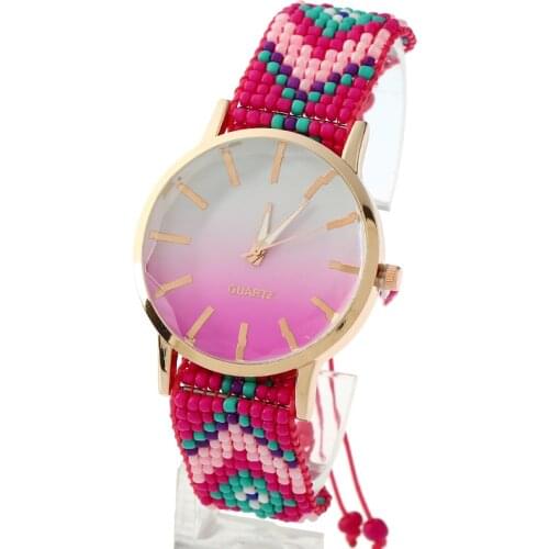 Gnova Platinum Beach Women Watch Bicolor Big Dial Ethnic Fashion wristwatch Chaquira Golden Chain Braided Lace Reloj A841