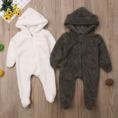 Newborn Baby Girl Boy Fuzzy Fleece Plush Jumpsuits Winter Clothes Hooded Romper Bodysuit Jumpsuit Outfit 0-24M