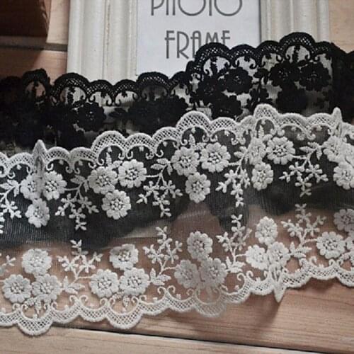 Double Edge Floral Embroidered cotton guipure mesh lace trim fabric White/Black/Beige-ZQ