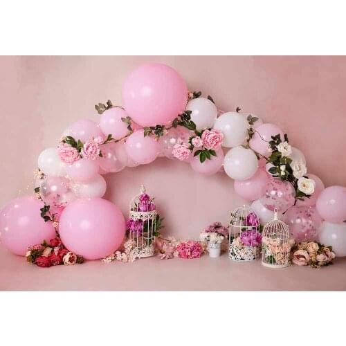 Baby Girl Photography Backdrop Cake Smash Portrait Background Spring Photoshoot Pink Balloons Flowers Pattern