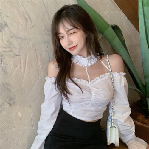 Korean Chic Autumn New Blouse Sweet Sweety Halter Vintage Hollow Out Design Full Sleeve Shirt Cute Ruffles White Shirt Blusas
