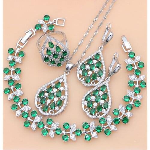 Fashion 925 Sterling Silver Jewelry Sets Green Emerald Bohemia Earrings Rings Necklace Set Women Party Jewellry Dropshipping
