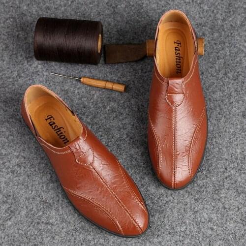 Fashionable mens shoes spring and autumn soft leather comfortable without laces increased outdoor casual shoes large size 47