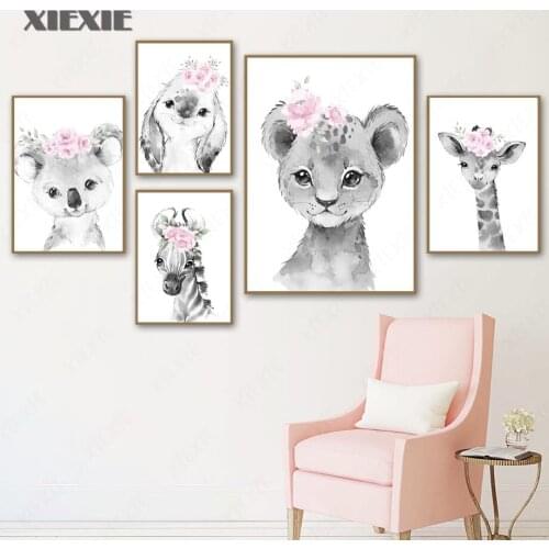 Koala Rabbit Tiger Lion Giraffe Pink Flower Wall Art Canvas Painting Nordic Posters and Prints Wall Pictures for Kids Room Decor