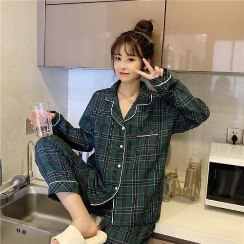 New Autumn Casual Home Set Women Pajamas Set Pocket Plaid Sleepwear 2 Piece Set Lapel Collar Shirts Pants Lounge Wear Homewear