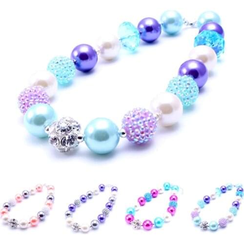 MHS.SUN Newest 2PCS Kids Chunky Rhinestone Bead Necklace DIY Child bubblegum Necklace jewelry for baby Girls Kids Gift BN008