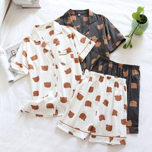 Ladies Pure Cotton Pajamas Mens New Summer Thin Short-sleeved Shorts Knitted Bear Couple Home Service Suit Pijama Hombre Verano