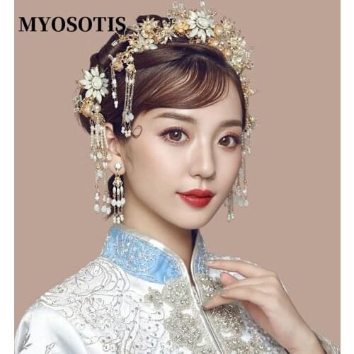 Retro Chinese Blue Crystal Headdress Hairpin Female Tassel Xiuhe Costume Hairstick Accessories Hair Jewelry