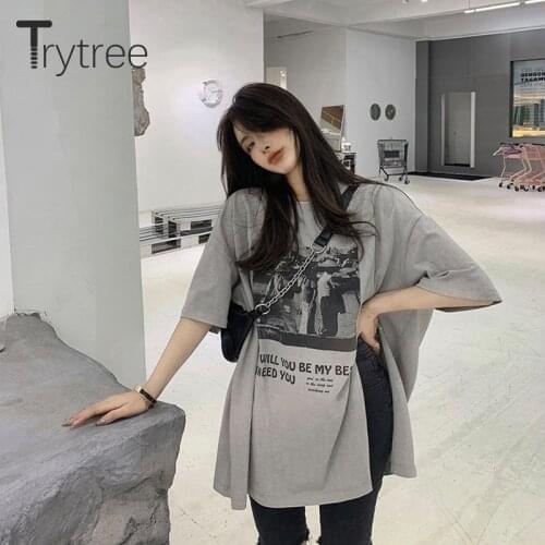 Trytree Summer Women T-shirt Casual Cotton Blended Graphic Split Hem Sexy BF Shirt Loose Oversize Tops Women Tee Dropshipping