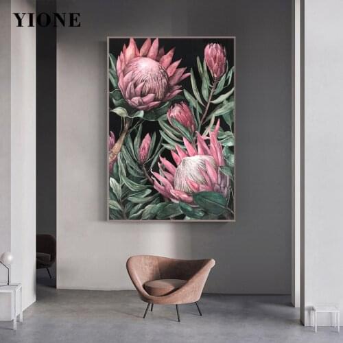 Vintage Pink Flowers Leaves Canvas Painting Custom Green Plants Wall Art Poster Print Picture for Living Room Bedroom Home Decor