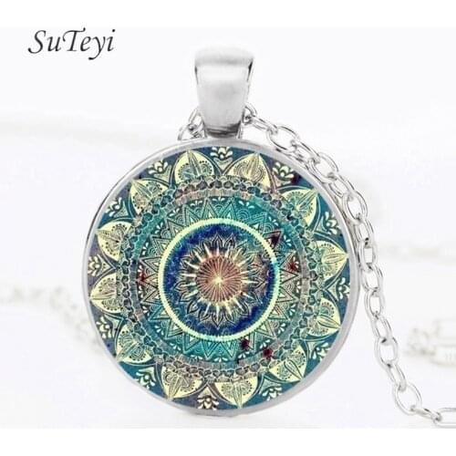 SUTEYI Vintage Necklace Buddhism Chakra Glass Dome Cabochon Pendant Jewelry Om Indian Yoga Mandala Necklaces For Women Men