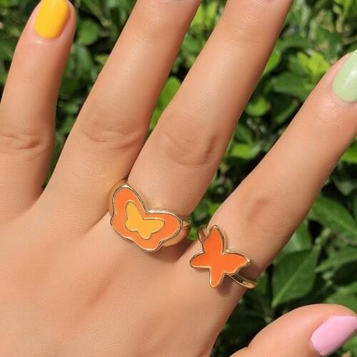 2021 New Fashion Double Butterfly Heart Rings Cute Gold Color Chunky Thick Rings Statement Korean Finger Jewelry For Women