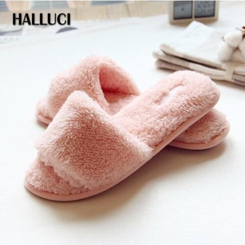 Keep Warm Furry peep toe home slippers shoes women short plush Bedroom non-slip Slip On shoes flip flops loafers slipper women