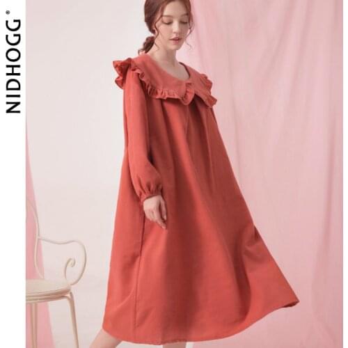 Womens Long Sleeve Nightgowns Autumn Winter Cotton Solid Sleepshirts Doll Collar Sexy Nightwear Sleep Wear Women Sleep Tops