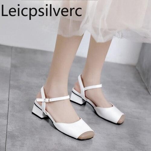 Pumps Spring and autumn Color matching Square head Shallow mouth Buckle Thick heel mid heel Womens shoe plus size 31-45