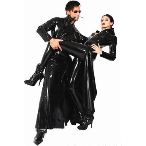 Gothic Wetlook PVC Faux Latex Trench Coat Halloween Costume Women Men Unisex Vinyl Matrix Trench Leather Catsuit Night Clubwear