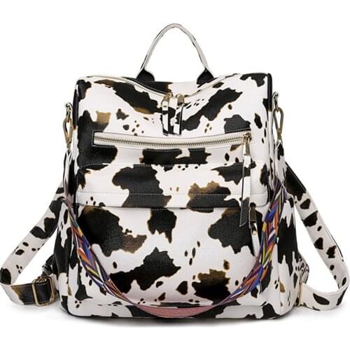 Women Backpack Pu Leather Cow Print Ladies Large Capaicty Plaid Backpack Check Pattern School Bags For Girls