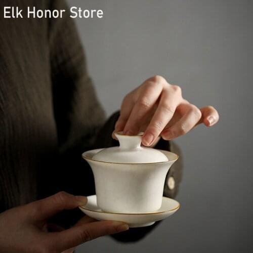140ml Ivory Ru Kiln Cover Bowl Handmade Porcelain Tea Bowl Kung Fu Tea Set Sancai Cover Bowl Tea Bowl Office Decoration