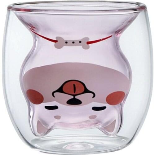 180ml Cute Shiba Inu Double Glass Cup Creative Cartoon Coffee Mug Modern Simple Ladies Juice Mugs Childrens Milk Breakfast Cup