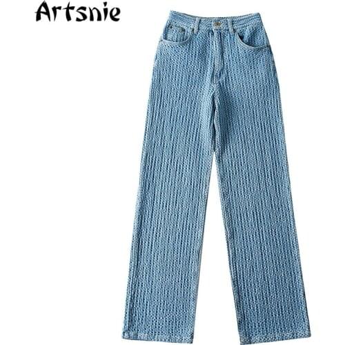 Artsnie Vintage Blue Denim Pants Women Autumn 2021 High Waist Loose Straight Jeans Streetwear Casual Ladies Long Pants Female