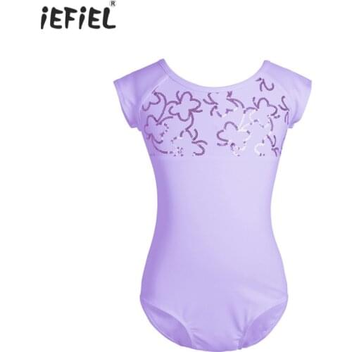 Kids Girls Short Sleeves Ballet Dress Dancewear Butterfly Sequined Strappy Back Ballet Dance Gymnastics Leotard Jumpsuit SZ 3-12