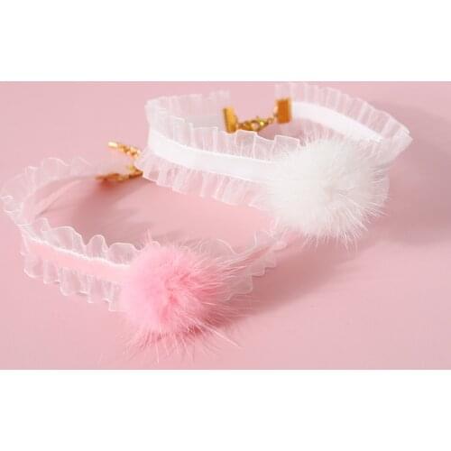 Pet Velvet Lace Collar Mink Fur Ball Necklace Adjustable Princess Style Sweet Hairball Cat Dog Rabbit Cute Neck Strap Accessory