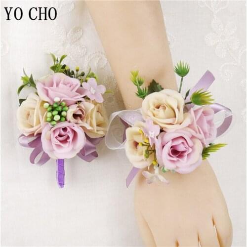 YO CHO Wrist Corsage Bracelet for Bridesmaid Silk Roses Flowers Grooms Boutonniere Buttonhole Wedding Marriage Brooches Corsages