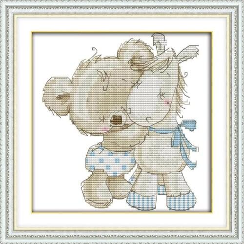 Joy Sunday Bear & Donkey Cross Stitch Kit DMC Needle Crafts 14CT Cartoon Pattern Cross Stitch Needlework DIY Set Gift Home Decor