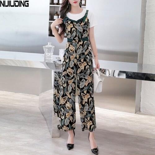 Womens Chiffon Wide Leg Pants Bodysuits 2021 New Spring Summer Female Printed leaf Boho Pant Casual Trousers Oversize Jumpsuits