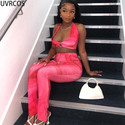 UVRCOS Two Piece Set Women Summer Crop Bra With Long Pants Combination Matching Sets High Street Hollow Out Hipster Club Outfits