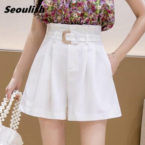 Seoulish Summer Formal Womens Shorts with Belted 2021 New High Waist Office Ladies Wide Leg Shorts Elegant Chic Trousers Pocket