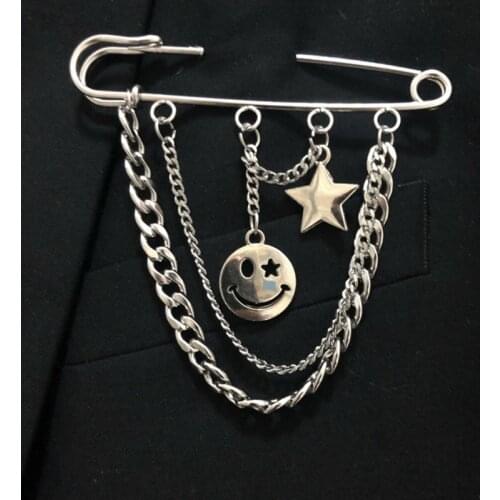 Korea Fashion Smile Multi Layered Chain Brooch for Women Man Unisex Alloy Star Pins Metal Brooches Cool Halloween Accessories