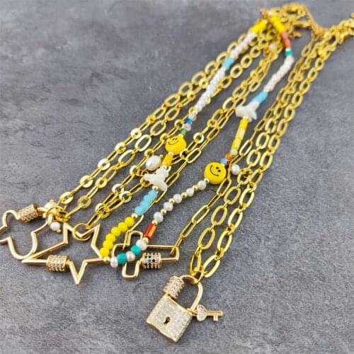 Fashion Metal Thick Chain Necklaces Jewelry Gift Vintage Multilayer Gold Color Lock Key Pendants Necklace For Women