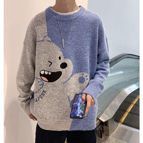 Mens street clothes Harajuku sweater retro cartoon girl knitted sweater autumn cotton Pullover mens clothes v-neck sweater men