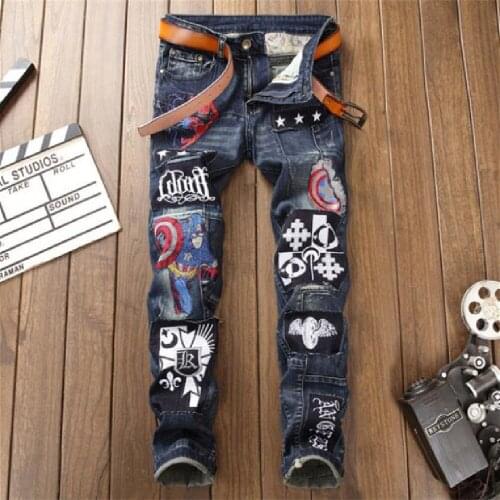 Mens Patchwork Jeans New Washed-Out Embroidery Badge Patchwork Slim Small Straight Leg Jeans Fashion Personality Youth Jeans