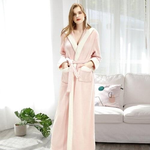 Nightgown Night Robe For Women Fluffy Sexy Hooded Bathrobe Fall Winter Flannel Ladies Nightgown Thicken Lengthen Couple Bathrobe