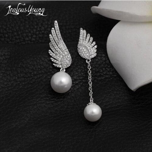 New Fashion Girl Mismatch Wing Dangle Earrings Simulated Pearl White Gold Color Crystal Drop Earings For Women Jewelry AE159