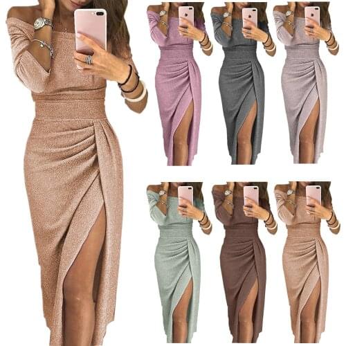 2021 new Sexy Off Shoulder Party Dress Women High Slit Bodycon Dress Autumn Three Quarter Sleeve Bright Silk Shiny Dress